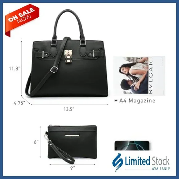 Vegan Leather Tote with Clutch, 13.5 Work Bag, Multiple Pockets